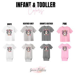 Spooky checkered babe top infant onesie and toddler tee color options including white heather grey granite heather and pink