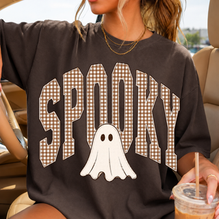 Spooky gingham ghost top on model
