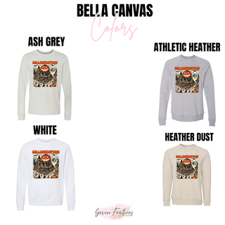 bella canvas long sleeve and crewneck in ash grey athletic heather white and heather dust with spooky halloween town design, color chart
