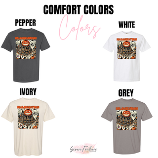 comfort colors tee in pepper white ivory and grey with spooky halloween town haunted house design, color chart
