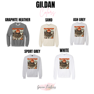 gildan crewneck sweatshirt in graphite heather sand ash grey sport grey and white with spooky halloween town design, color chart
