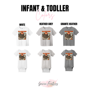 infant onesie and toddler tee in white heather grey and granite heather with spooky halloween town design, color chart
