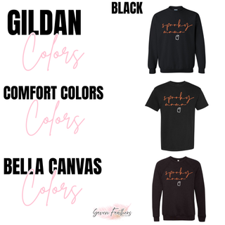 Spooky Mama Top shown in black across Gildan, Comfort Colors, and Bella Canvas brand options