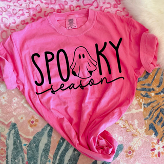 Comfort Colors neon pink tee with black Spooky Season ghost lettering design
