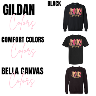 Gildan, Comfort Colors, and Bella Canvas black color chart for Spooky Season leopard top
