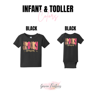 Black infant onesie and toddler tee with pink and gold Spooky Season leopard print lettering design
