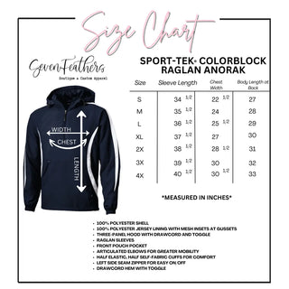 Sport-Tek Colorblock Raglan Anorak size chart showing sleeve length, chest width, and body length in inches for sizes S through 4X