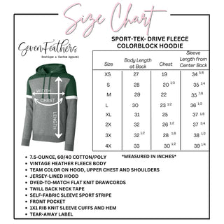Sport-Tek Drive Fleece colorblock hoodie size chart with measurements in inches for sizes extra small through 4X
