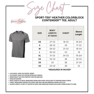 Sport-Tek Heather Colorblock Contender Tee adult size chart