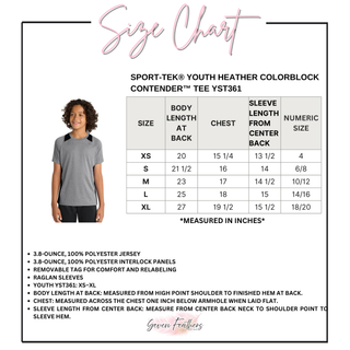 Sport-Tek Youth Heather Colorblock Contender tee YST361 size chart with Youth XS through Youth XL measurements