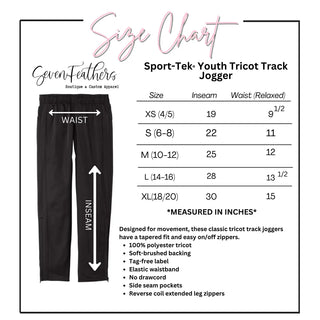 Seven Feathers Boutique size chart for Sport-Tek youth tricot track jogger with inseam and waist measurements for sizes XS through XL in inches