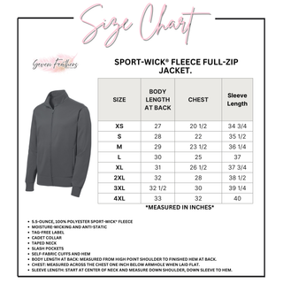Adult Sport-Wick Fleece Full-Zip Jacket size chart