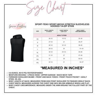 ST858 Sport-Wick Stretch Sleeveless Hooded Quarter-Zip adult size chart for XS through 4XL