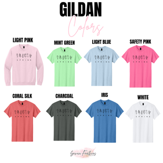 Gildan Spring Wildflower Top swatch light pink mint green light blue safety pink coral silk charcoal iris white
