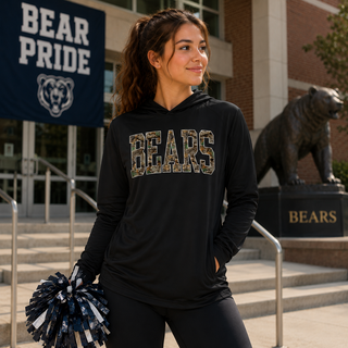 St. Marys Bears Camo Block PosiCharge Competitor Hoodie black worn by woman outside school with pom poms
