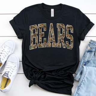 St. Marys Bears Camo Block Top black Bella Canvas tee flat lay with white sneakers and jeans
