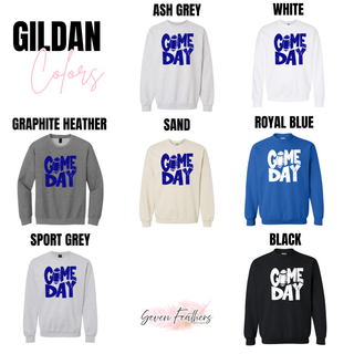 St. Marys Bears distressed Game Day football top Gildan color chart showing Ash Grey, White, Graphite Heather, Sand, Royal Blue, Sport Grey, and Black options