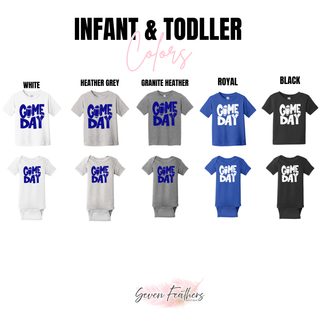 St. Marys Bears distressed Game Day football top infant and toddler color chart showing White, Heather Grey, Granite Heather, Royal, and Black options