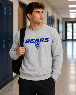 St. Marys Bears Italic Strike Shirt St. Marys Kansas - heather grey crewneck worn in school hallway