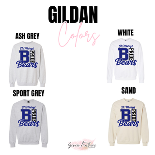 St. Marys Bears Letter Pride Gildan crewneck in ash grey, white, sport grey, and sand
