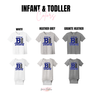 St. Marys Bears Letter Pride infant and toddler tee and onesie in white, heather grey, and granite heather
