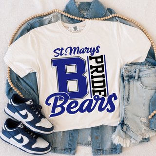 White St. Marys Bears Letter Pride top with bold royal blue B Pride Bears graphic on Comfort Colors tee
