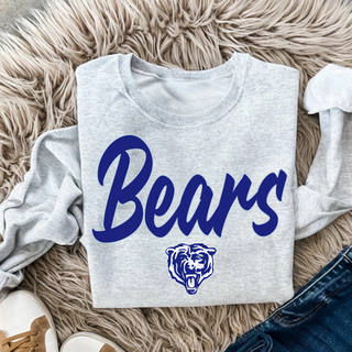 St. Marys Bears Lineup Script Top ash grey crewneck flat lay on fur rug with sneakers and denim
