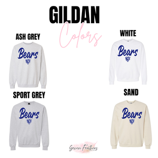 St. Marys Bears Lineup Script Top Gildan crewneck in ash grey, white, sport grey, and sand
