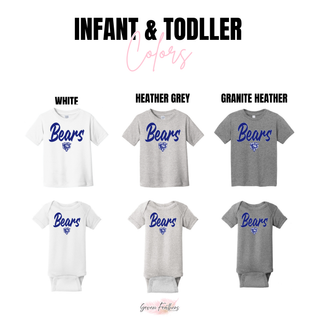 St. Marys Bears Lineup Script Top infant onesie and toddler tee in white, heather grey, and granite heather
