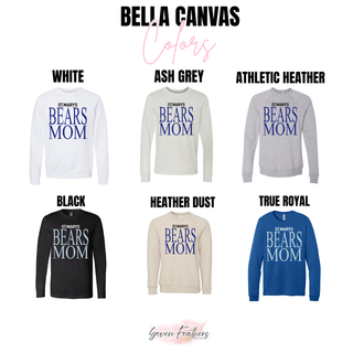 St. Marys Bears Mom Top Bella Canvas long sleeve and crewneck in white, ash grey, athletic heather, black, heather dust, and true royal
