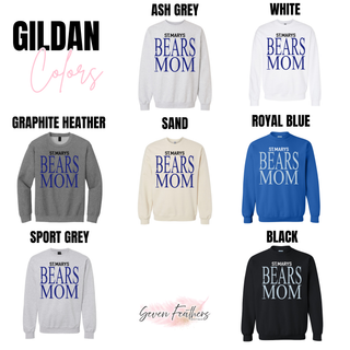 St. Marys Bears Mom Top Gildan crewneck in ash grey, white, graphite heather, sand, royal blue, sport grey, and black
