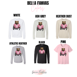 St. Marys Bears Pink Jersey Bella Canvas crewneck in white, ash grey, heather dust, athletic heather, black, and pink

