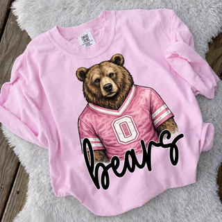 St. Marys Bears Pink Jersey Comfort Colors tee with illustrated bear wearing pink jersey and bears script
