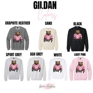 St. Marys Bears Pink Jersey Gildan crewneck in graphite heather, sand, black, sport grey, ash grey, white, and light pink
