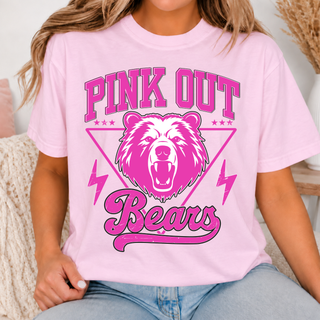 Woman wearing pink St. Marys Bears Pink Out Top with bear head and Bears script graphic