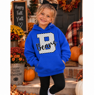St. Marys Bears polka dot letter B and Bears script on a royal blue hoodie, without paw prints on the sleeve