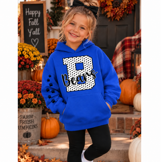 St. Marys Bears design on a royal blue hoodie with a white polka dot letter B, Bears script, and black paw prints down the sleeve