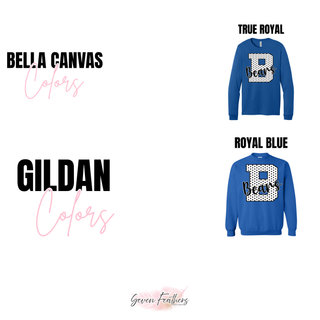 Bella+Canvas True Royal and Gildan Royal Blue color chart for the St. Marys Bears Polka Dot Letter B Top without sleeve paw prints