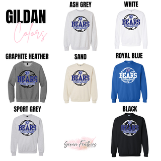 St. Marys Bears Rally Volleyball Top Gildan crewneck in ash grey, white, graphite heather, sand, royal blue, sport grey, and black
