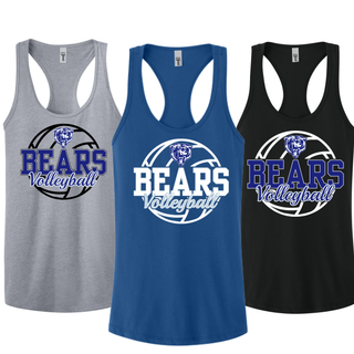 St. Marys Bears Rally Volleyball Women's Racerback Tank in heather grey, royal blue, and black with Bears Volleyball design
