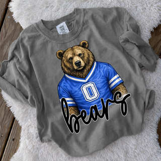 Grey crewneck sweatshirt with bear mascot in blue jersey, Saint Marys Kansas Bears spirit wear
