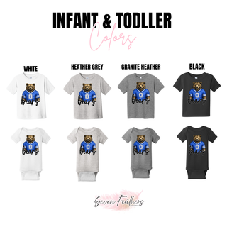 Infant and toddler color chart for St. Marys Bears blue jersey top in white, heather grey, granite heather, and black
