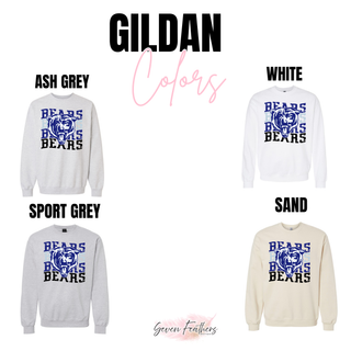 St. Marys Bears Saint Marys Kansas Distressed Stack Gildan crewneck in ash grey, white, sport grey, and sand

