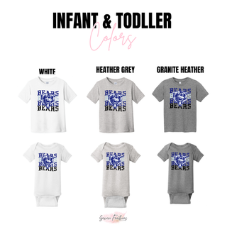 St. Marys Bears Saint Marys Kansas Distressed Stack infant and toddler tee and onesie in white, heather grey, and granite heather
