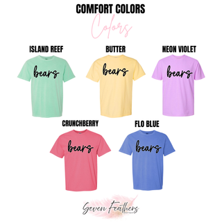 St. Marys Bears Script Comfort Colors tee color options in island reef, butter, neon violet, crunchberry, and flo blue
