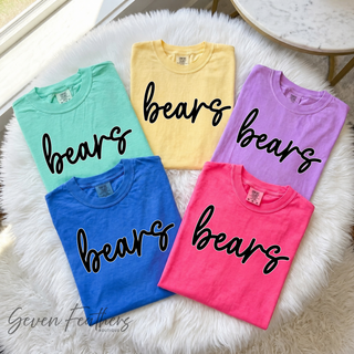St. Marys Bears Script Comfort Colors tee in island reef, butter, neon violet, crunchberry, and flo blue
