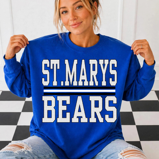 St. Marys Bears Stacked Petite Polka Dot Top on a royal blue crewneck sweatshirt