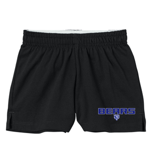 St. Marys Bears Stadium Jersey Knit Squad Short girls black with Bears mascot logo on leg
