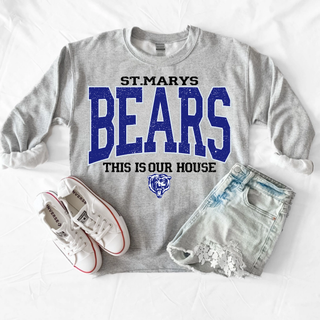 St. Marys Bears This Is Our House Top ash grey crewneck flat lay with white Converse and denim shorts
