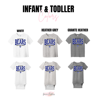 St. Marys Bears This Is Our House Top infant onesie and toddler tee in white, heather grey, and granite heather
